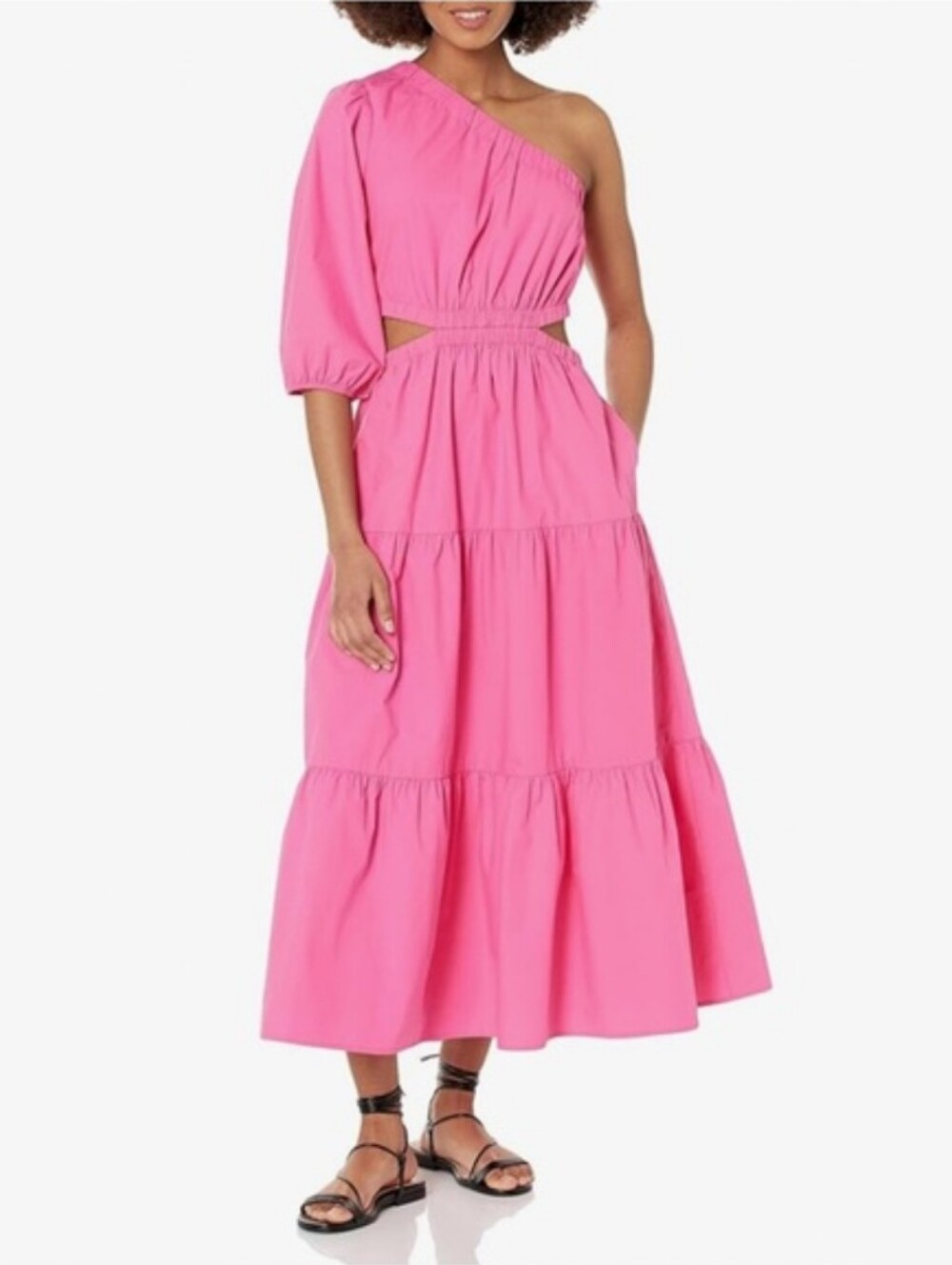 One-Shoulder Pink Tiered Midi Dress - Cutout Waist Sz XL (NWT)